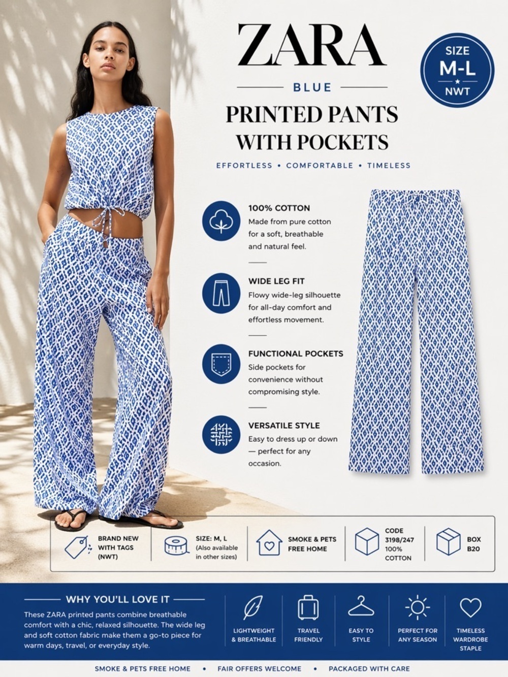 ZARA Blue Printed Pants with Pockets NWT Sizes M & L